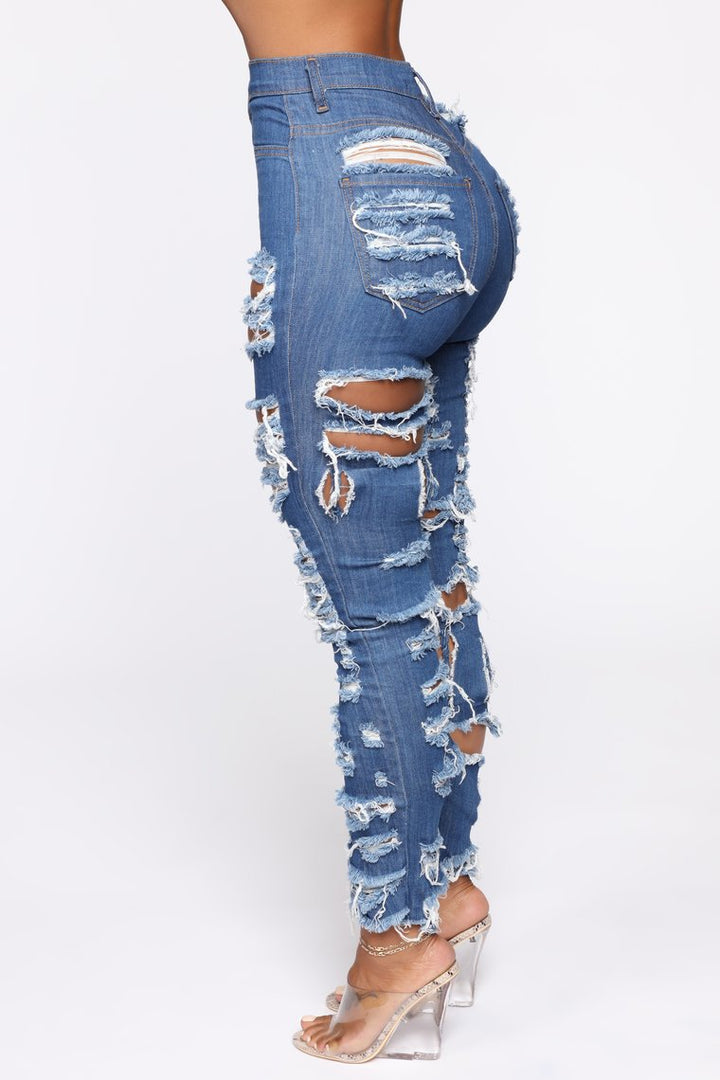 Women's Fashion Cut And Tear Stretchy Calf Jeans