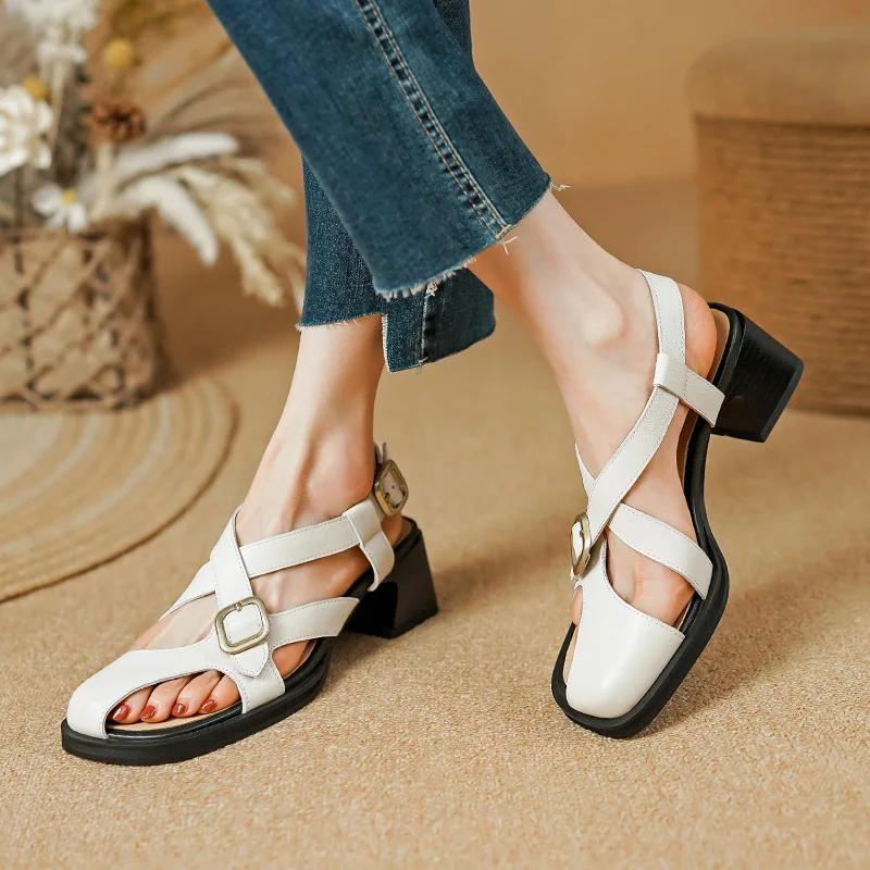 retro square heel leather sandals, view 16 - MRSLM