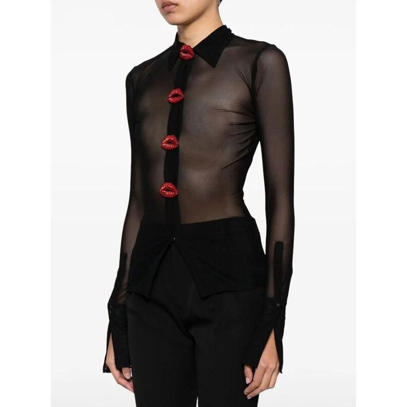 slim fit sheer mesh patchwork blouse, view 2 - MRSLM