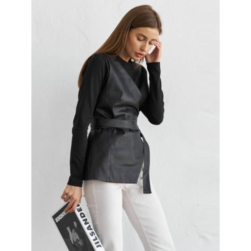 casual pu leather black lace-up vest, view 3 - MRSLM