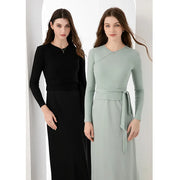 Ribbing wrap top and satin maxi dress set, view 8 - MRSLM