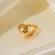 gold stainless camellia ring with shellfish beads, view 6 - MRSLM