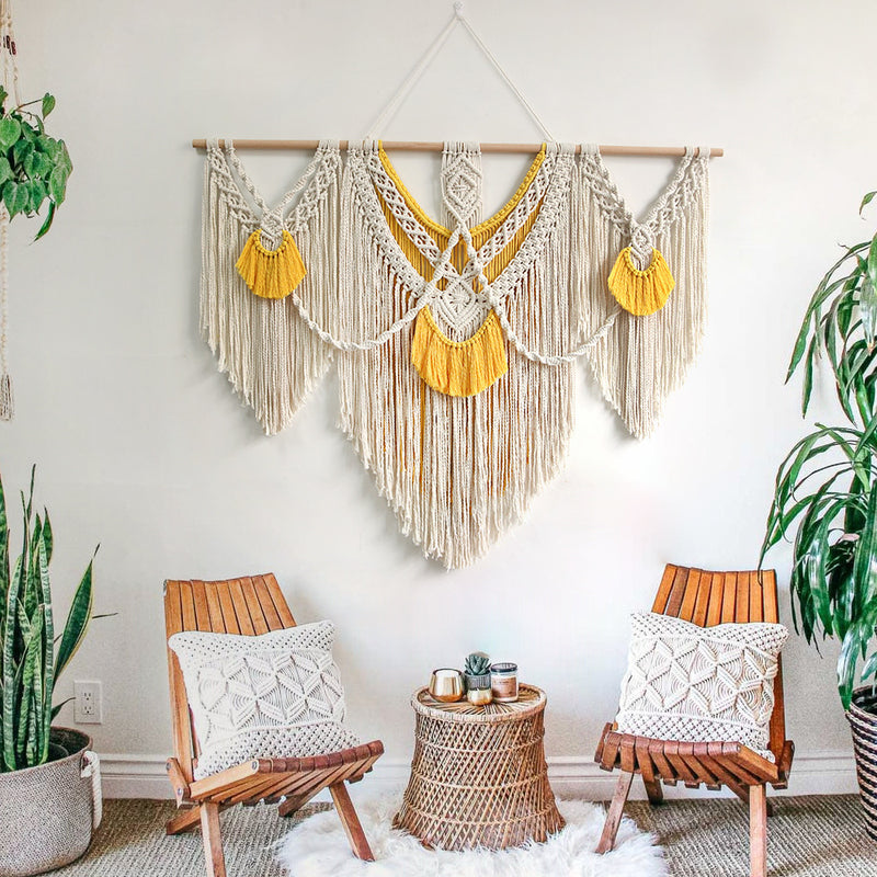 yellow large macrame wall hanging, view 4 - MRSLM