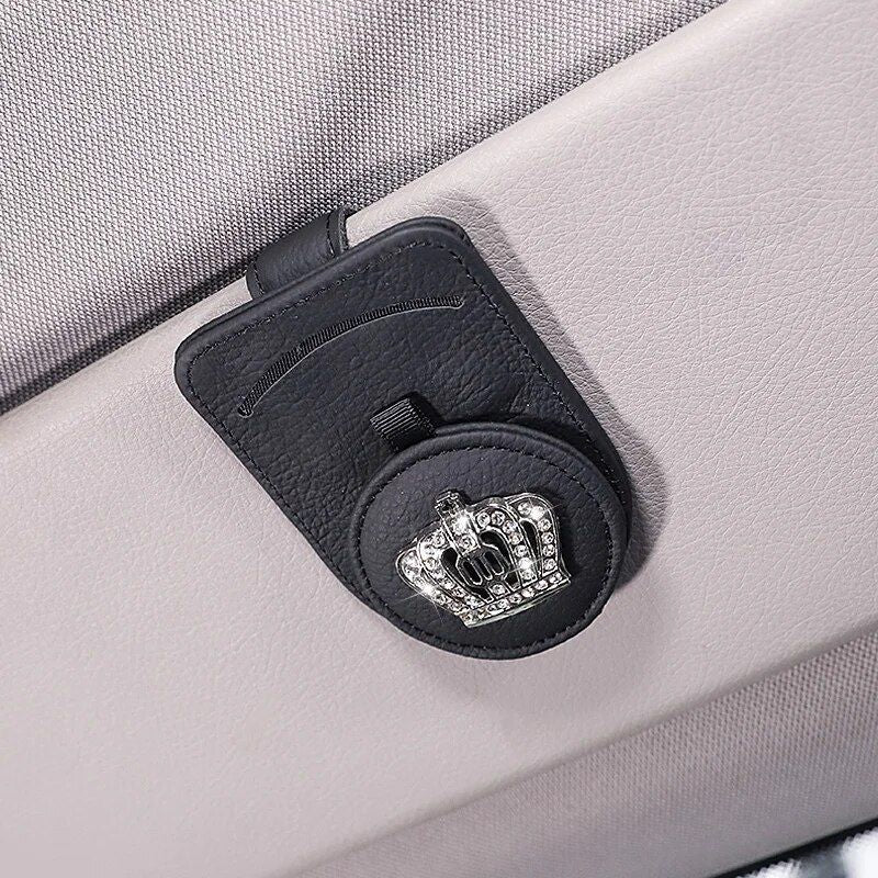 Luxury Leather Car Visor Sunglass and Card Holder with Diamond Crown