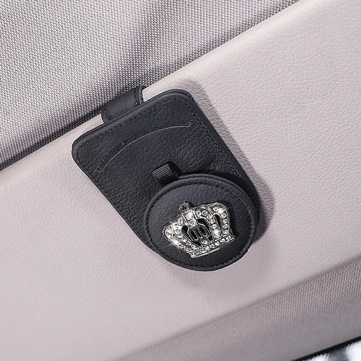 Luxury Leather Car Visor Sunglass and Card Holder with Diamond Crown