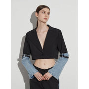 colorblock patchwork denim short coat, view 2 - MRSLM