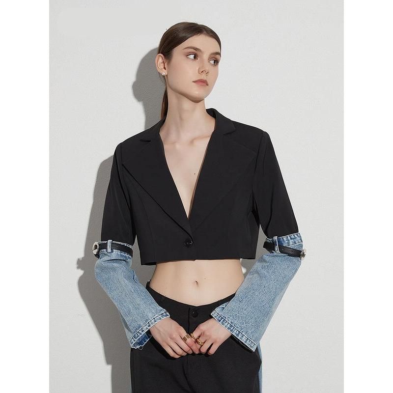 colorblock patchwork denim short coat, view 2 - MRSLM