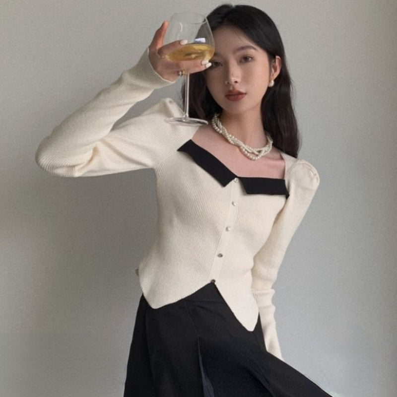 women's color-blocked square collar puff sleeve sweater, view 2 - MRSLM