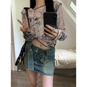 women's pink printed long sleeve cropped t-shirt, view 3 - MRSLM