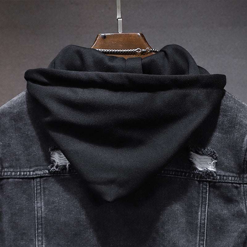 men's hooded denim jacket with holes, view 3 - MRSLM