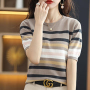 women's striped knit short sleeve top, view 2 - MRSLM