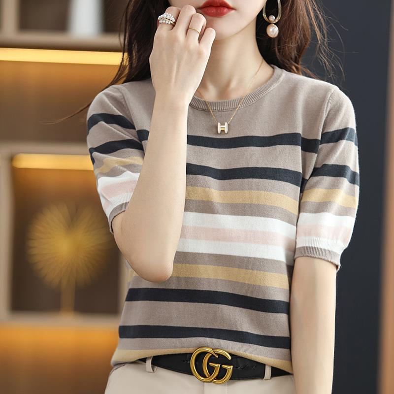 women's striped knit short sleeve top, view 2 - MRSLM