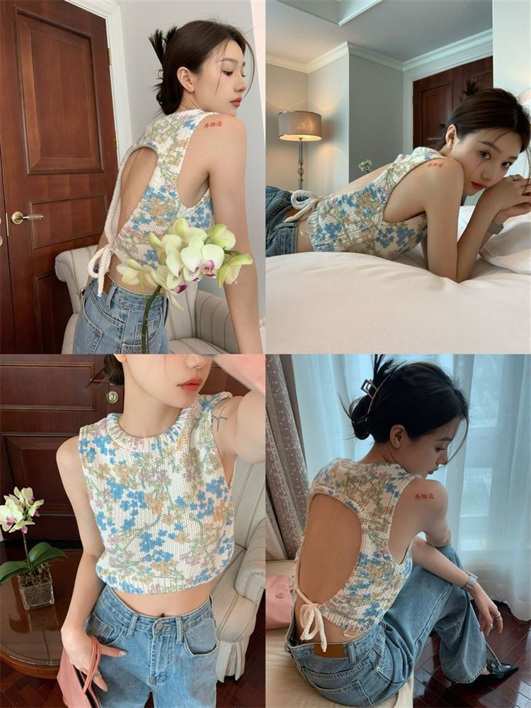 Lace-up Vacation Little Flowers Knitted Vest For Women