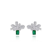 silver bow earrings with simulated emerald, view 4 - MRSLM