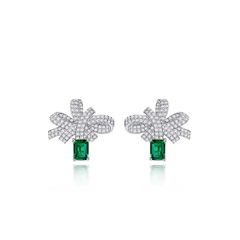 silver bow earrings with simulated emerald, view 4 - MRSLM