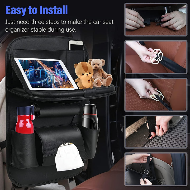 Luxury PU Leather Car Seat Back Organizer with Foldable Tray