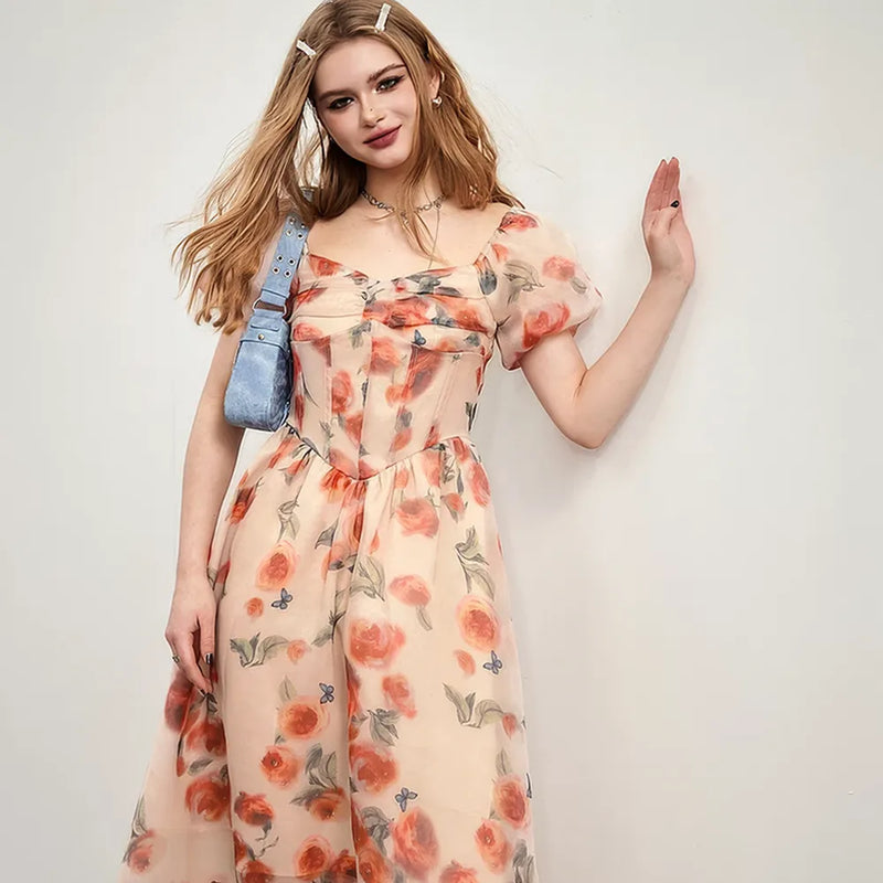 floral v-neck midi dress, view 2 - MRSLM