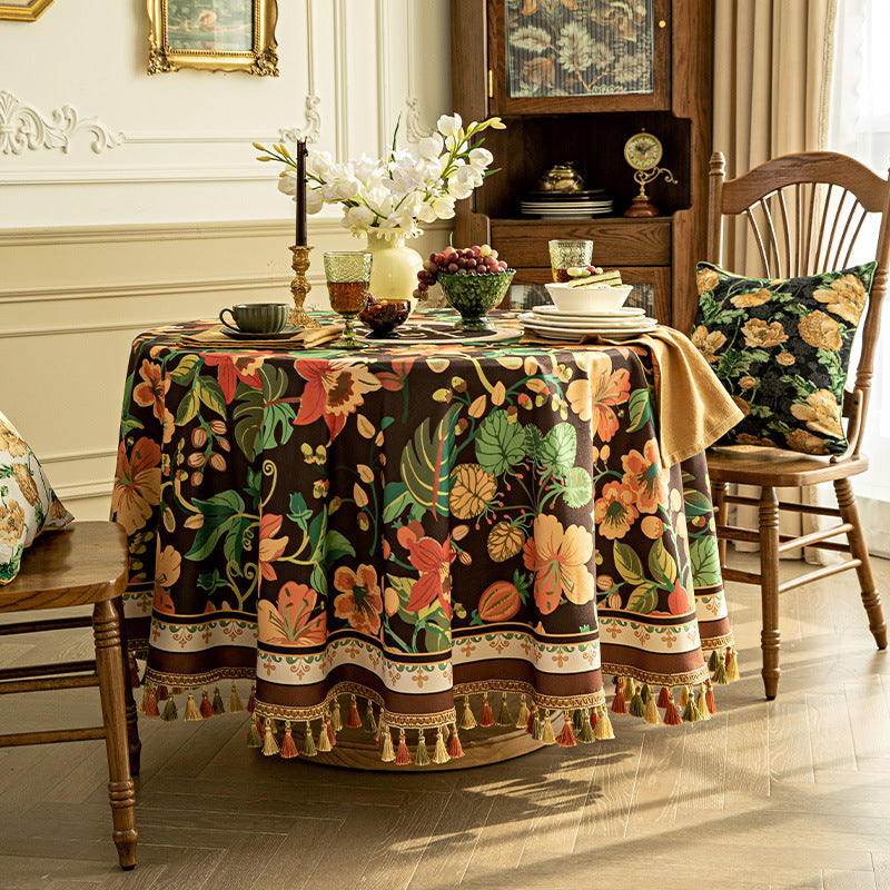 round tassel tablecloth dark brown, view 3 - MRSLM