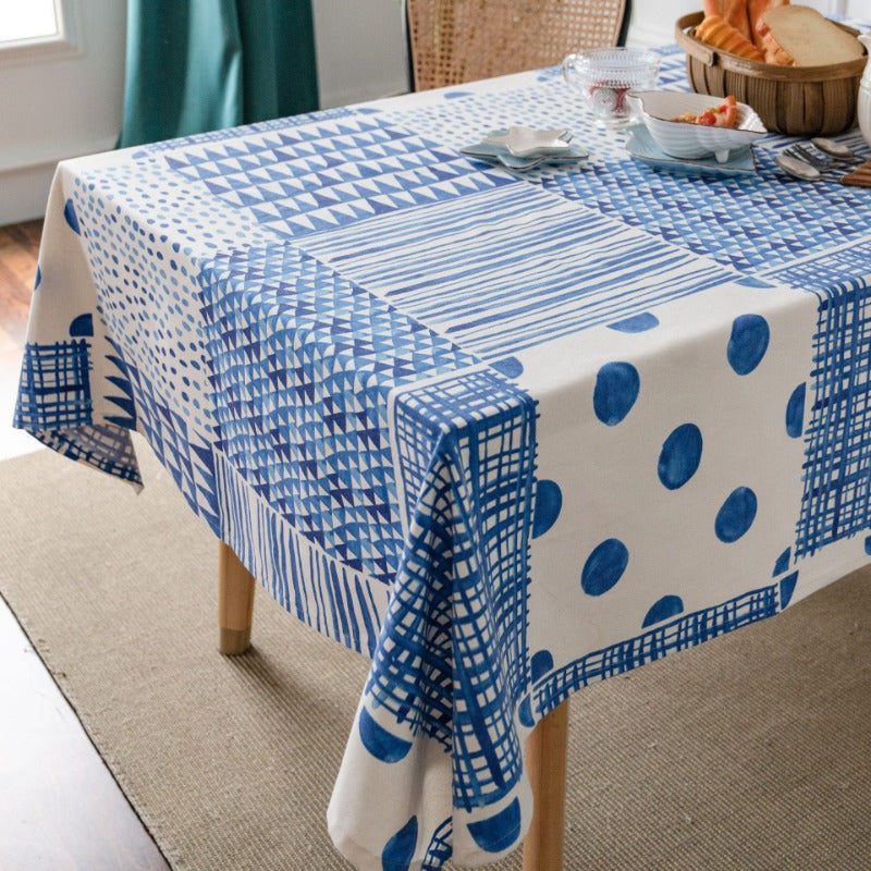 geometric blue patchwork tablecloth, view 4 - MRSLM