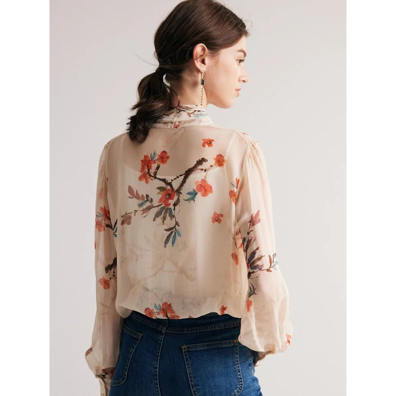 floral silk blend bow collar blouse, view 6 - MRSLM