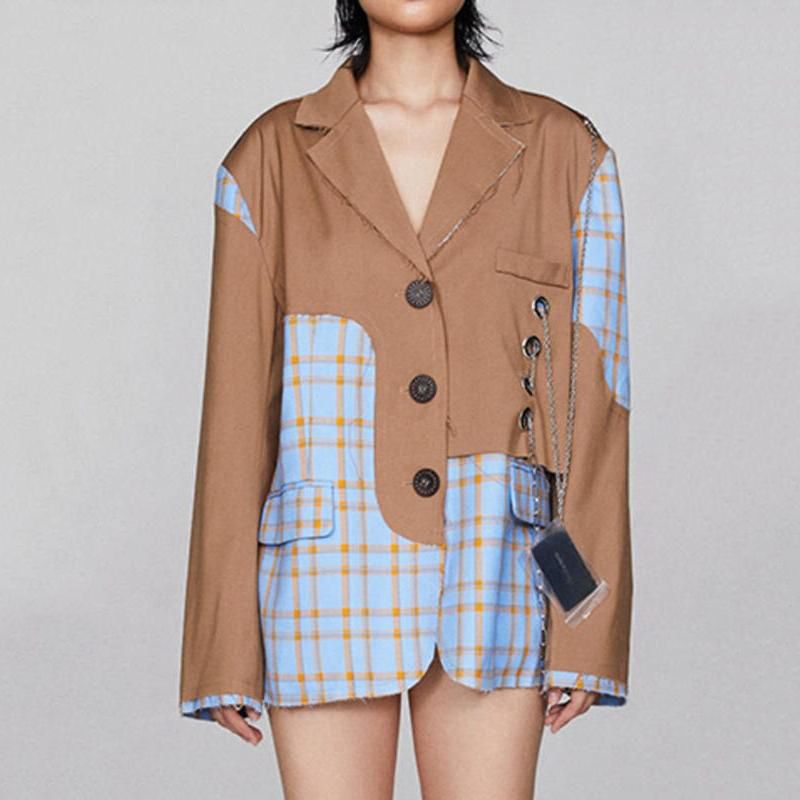 women's checkered blazer with chain accent - MRSLM