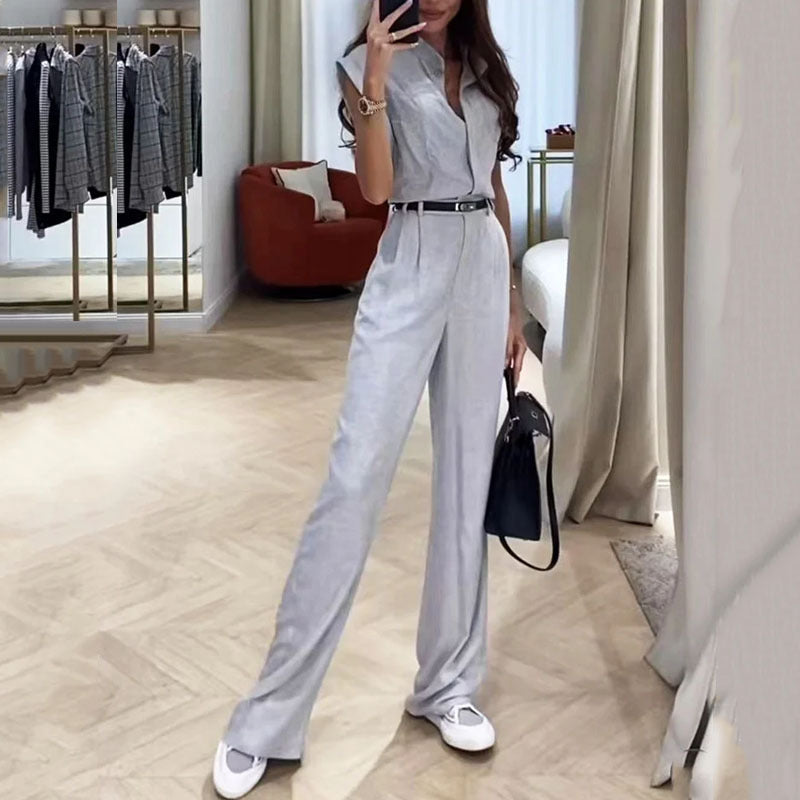 Sleeveless Lapel Blouse And Pants