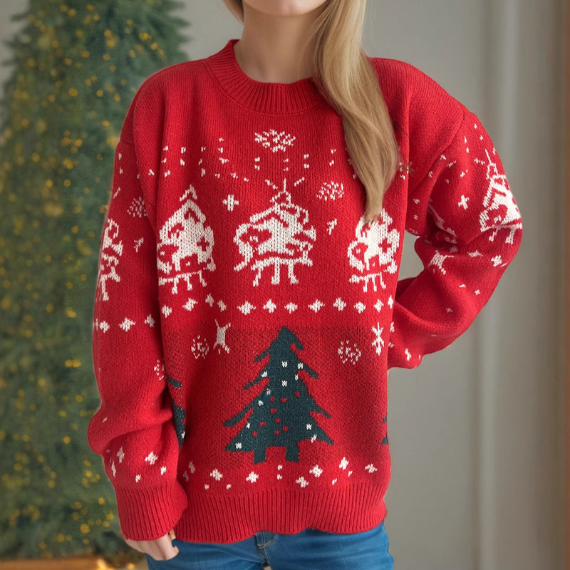 Women's red Nordic Christmas jacquard sweater, view 5 - MRSLM