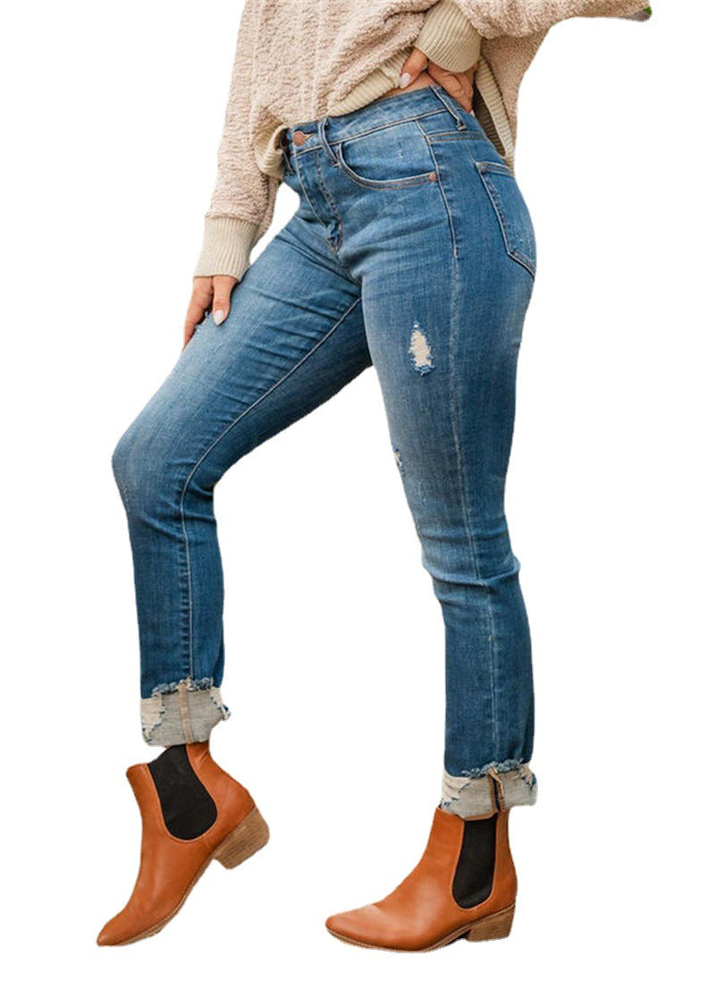 slim fit torn blue jeans for women, view 5 - MRSLM
