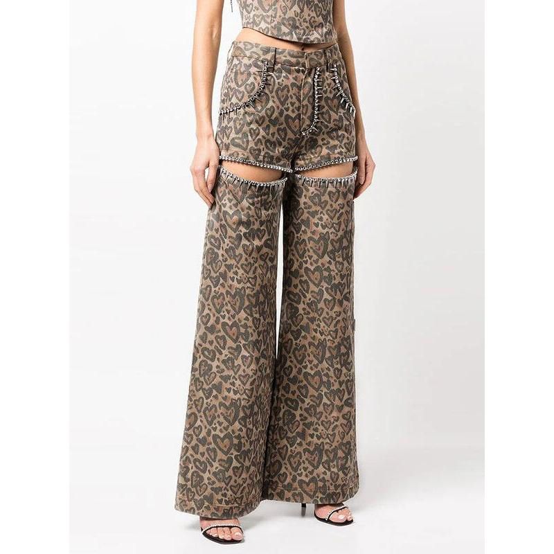 high waist patchwork leopard denim trousers, view 2 - MRSLM