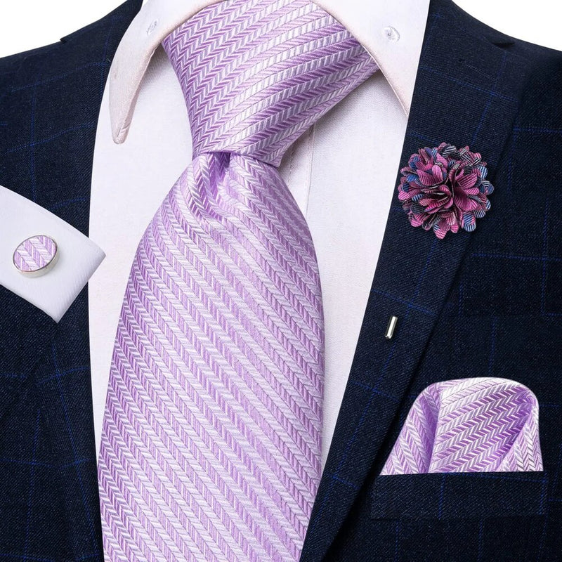 striped lilac silk necktie set for men, view 3 - MRSLM