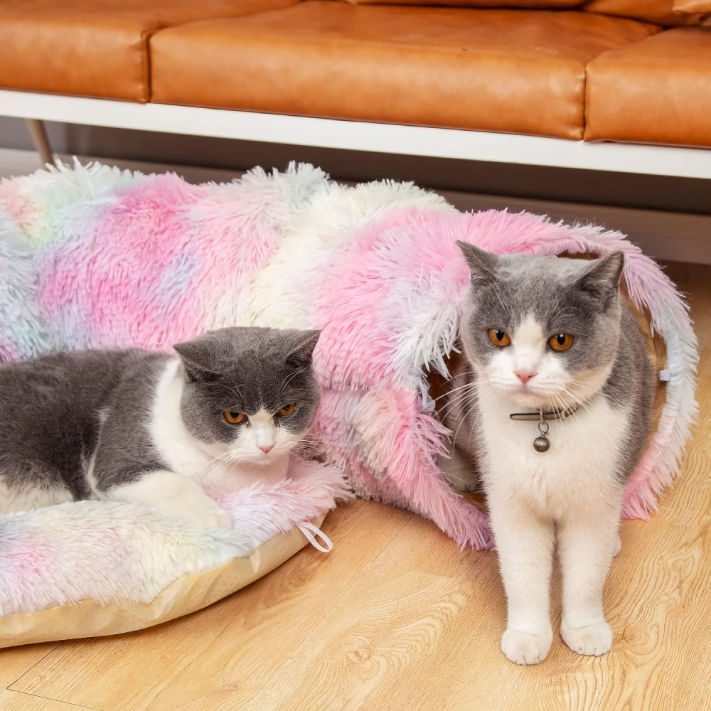 Cozy Cat Tunnel Bed with Plush Cushion – Multifunctional Foldable Nest for Indoor Cats
