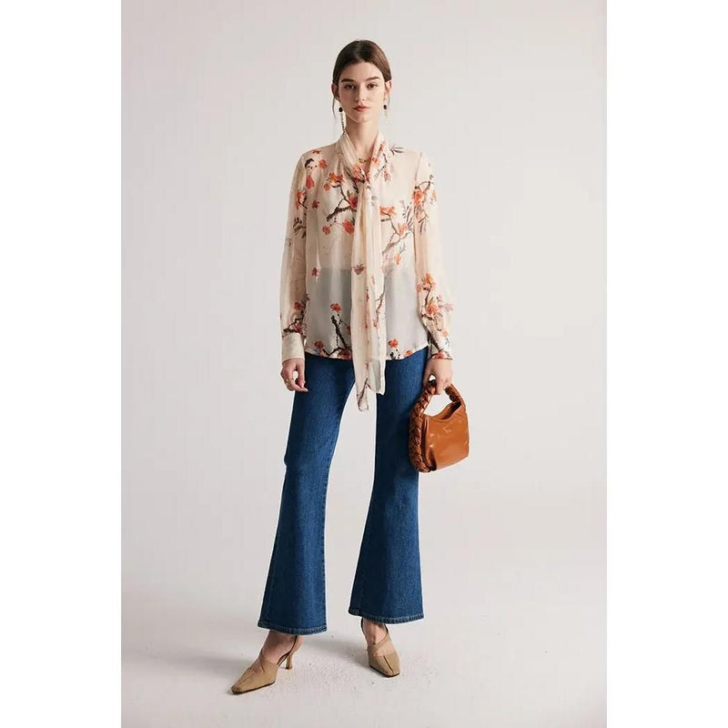 floral silk blend bow collar blouse, view 7 - MRSLM