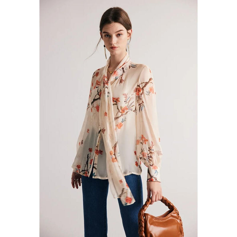 floral silk blend bow collar blouse, view 3 - MRSLM