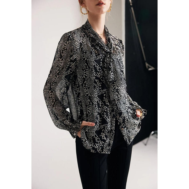 black printed silk blouse with bow collar, view 5 - MRSLM