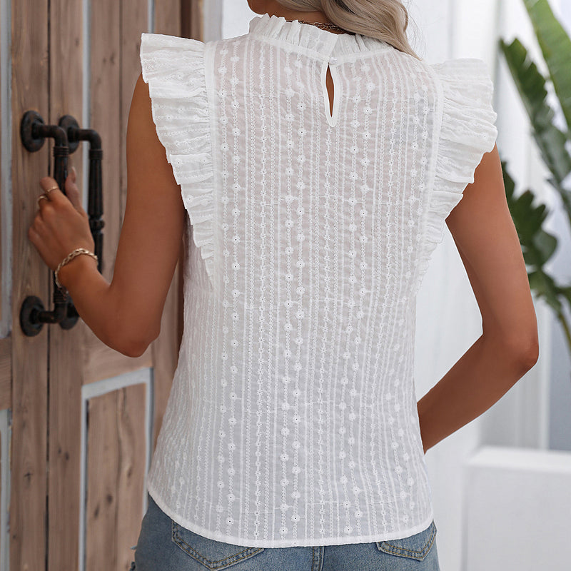 women's white ruffle sleeve slim fit top, view 4 - MRSLM
