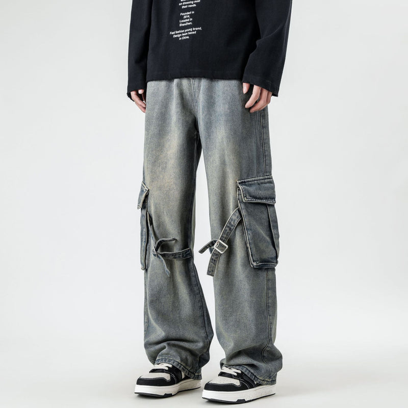 american retro strap design pants - MRSLM