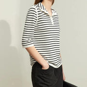 Striped wool blend mock neck sweater, view 6 - MRSLM