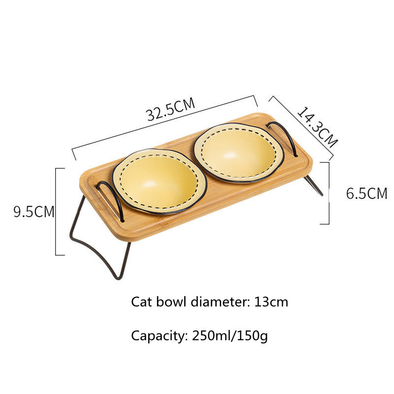 ceramic dog and cat bowl with wood stand, view 5 - MRSLM