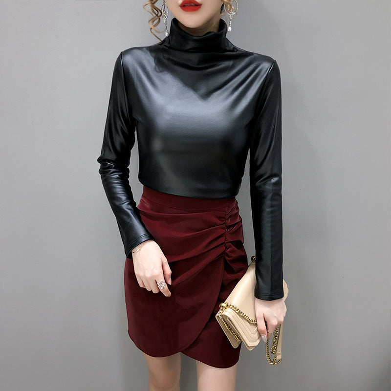 Autumn And Winter Fleece-lined Thick Leather Coat Turtleneck Bottoming Shirt For Women