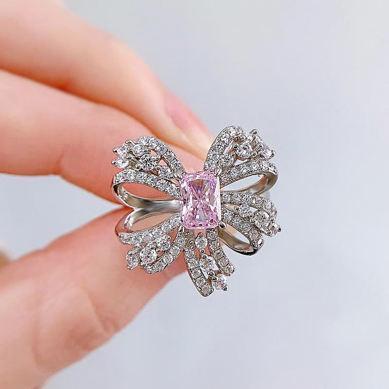 pink bow simulated diamond silver ring, view 8 - MRSLM
