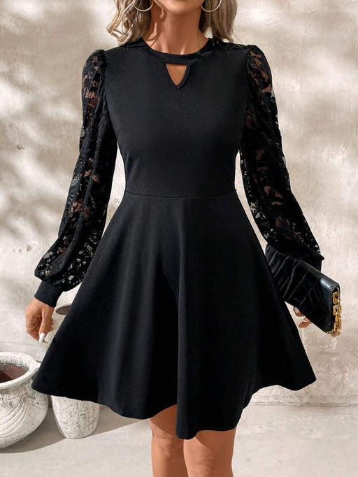 black lace stitching long sleeve dress, view 6 - MRSLM