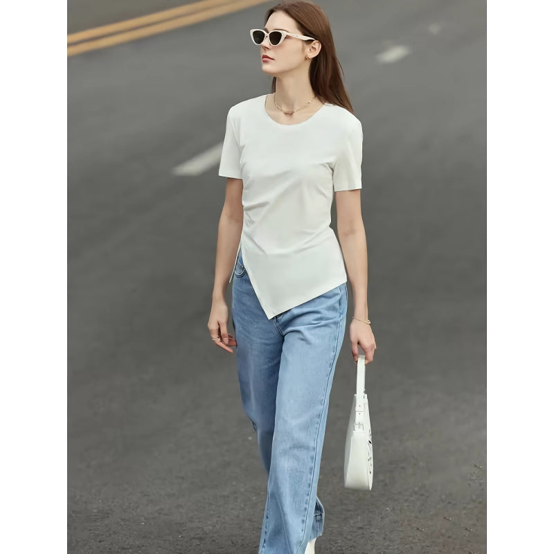 minimalist asymmetric o-neck short sleeve tee, view 2 - MRSLM
