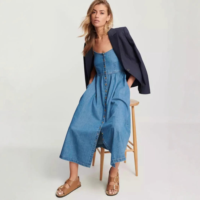 denim suspender dress, view 4 - MRSLM