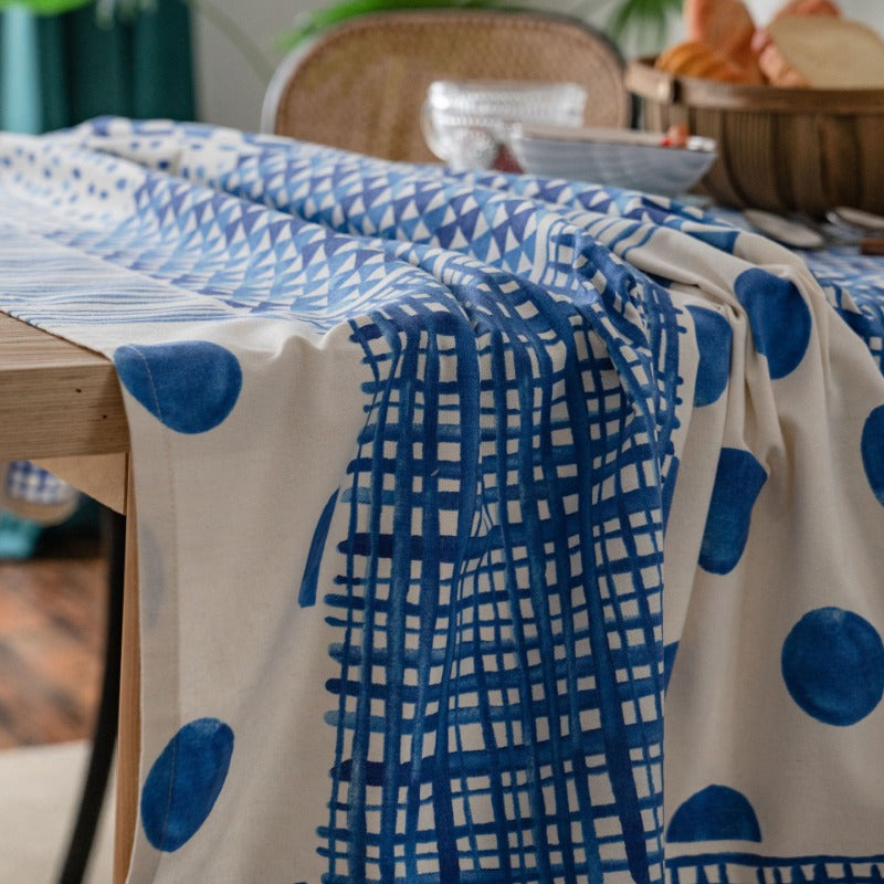 geometric blue patchwork tablecloth, view 6 - MRSLM