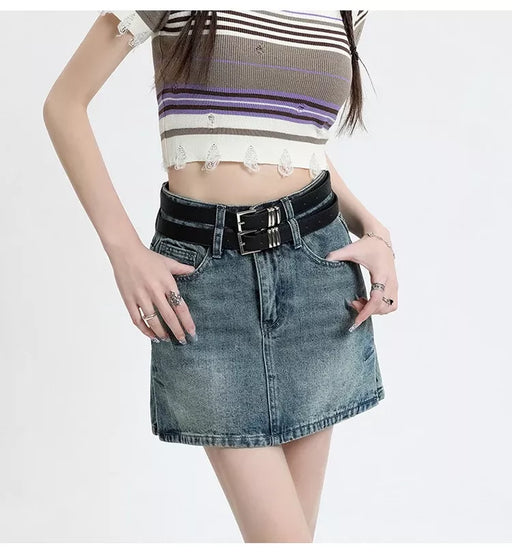 high waist denim mini skirt with belt - MRSLM