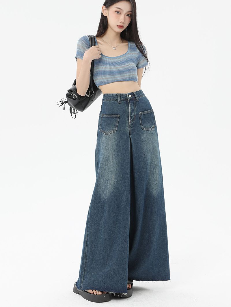 High Waist Slim Straight Pocket Jeans