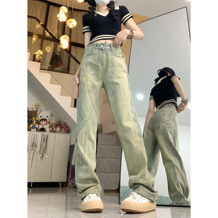 Distressed Yellow Mud Jeans Women's Loose Micro-flared Straight Casual