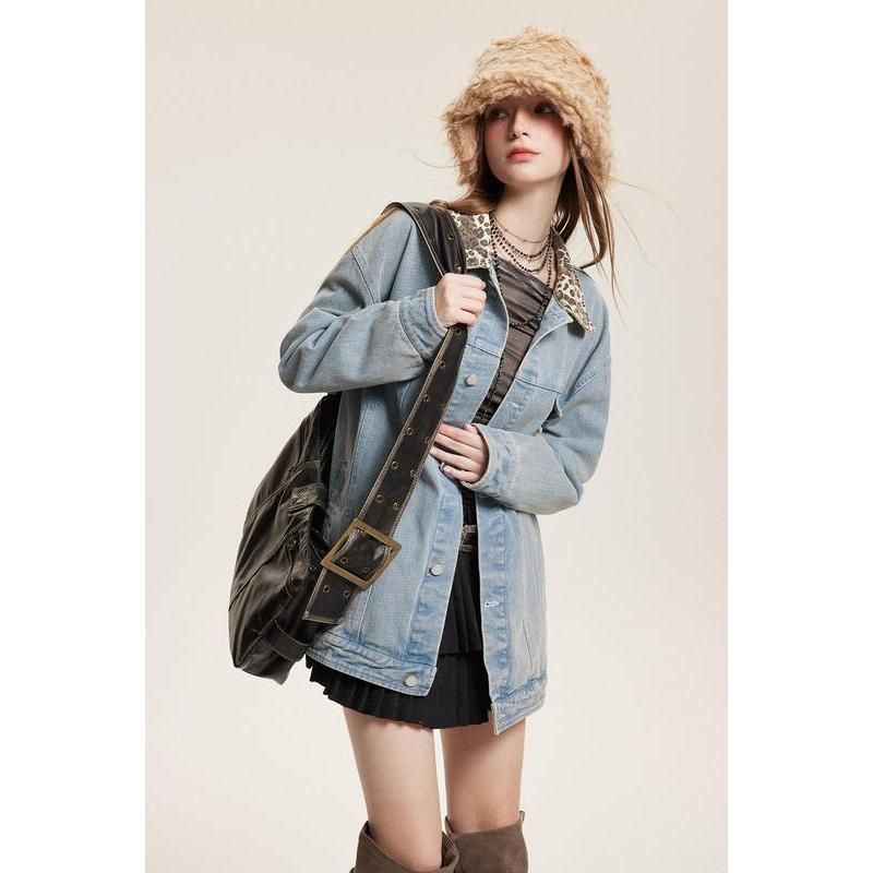 leopard patchwork denim jacket, view 6 - MRSLM