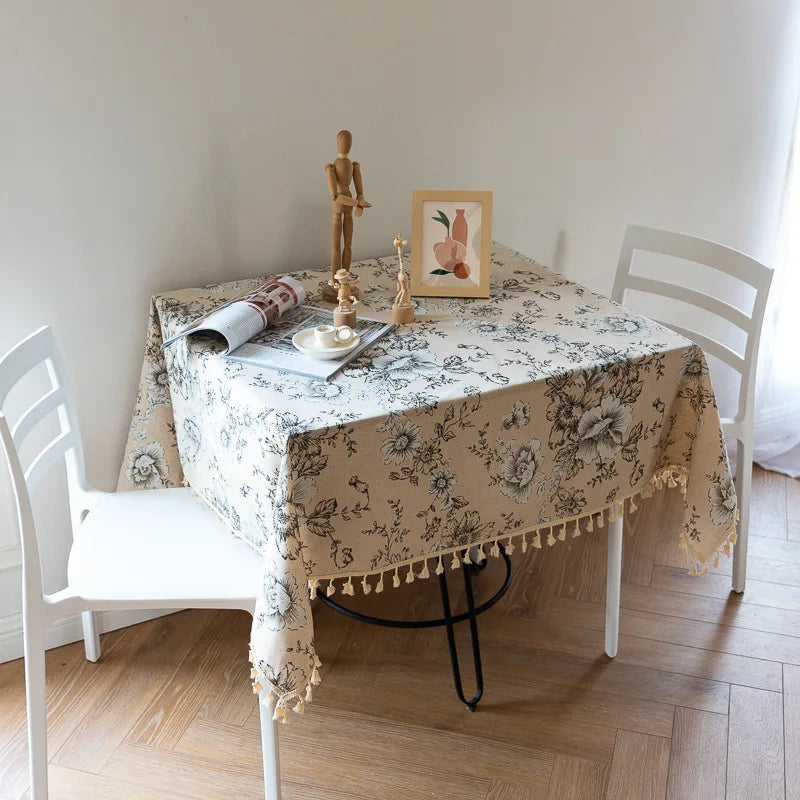 peony print linen-look tablecloth with tassels, view 7 - MRSLM