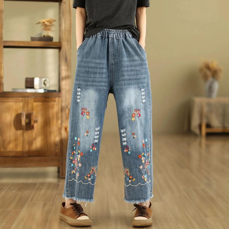 embroidered wide leg denim pants - MRSLM